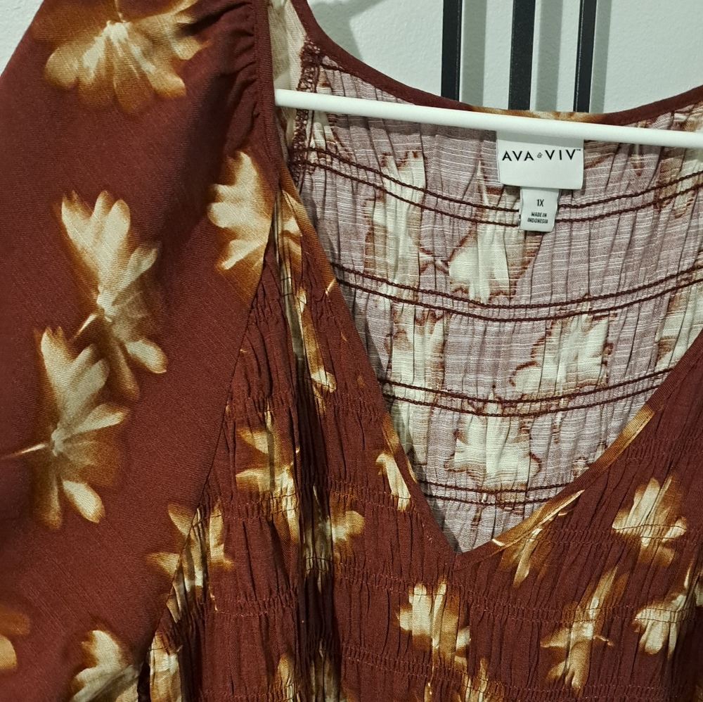 Ava & Viv Floral Burgundy/brown Midi Dress 1X - Picture 3 of 7